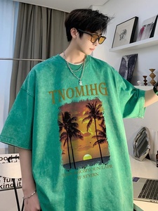 工場直送 210g ヴィンテージウォッシュ加工 Oネック メンズTシャツ ココナッツツリー柄 熱転写プリント ゆったりとした通気性のあるコットン半袖 - Product Image 3