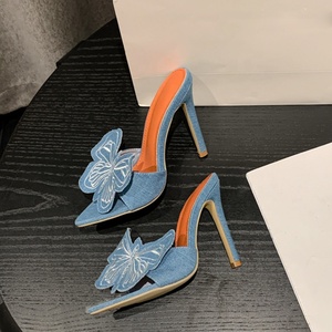<b>Big</b> Women Blue Denim Sandals Dress Stiletto Party Shoes Thin High Heels Embroidered Mules Jeans <b>Slides</b> - Product Image 3
