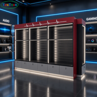Hochwertige Glas-Handyhüllen-Vitrine für Einzelhandelsgeschäfte Telefonshop-Vitrine mit LED-Beleuchtung und Massivholz-Lamellenwand