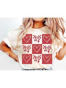 T-shirt retrò di San Valentino per donna, manica corta, girocollo, fiocchi a quadretti, stampa in jersey di cotone, stile vintage, primavera estate - Product Image 1