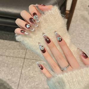 [Paris Dream] Uñas Postizas Removibles con Diseño de Ojo de Gato Francés, Color Café Moca, con Diamantes Cuadrados, para Otoño e Invierno - Product Image 4