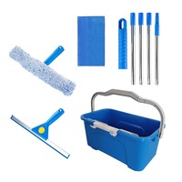 Kit de nettoyage professionnel pour hôtels et foyers : Nettoyeur de vitres à longue portée avec perche télescopique, raclette, seau bleu et serviette