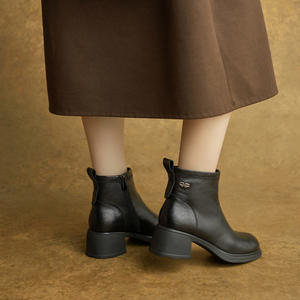Bottines à lacets à talon bloc pour femmes, toutes saisons, nouveau style britannique, confortables pour la marche, en cuir véritable - Product Image 4