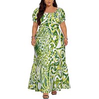 Robe longue maxi jaune à motif tribal pour femme, grande taille, avec logo personnalisé, col carré, manches courtes bouffantes et volants superposés