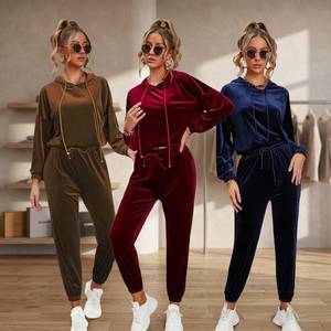 <b>Women's</b> 2 Piece <b>Velvet</b> <b>Tracksuit</b> Set Hooded Top Drawstring Jogger Pants Casual Outfit - Product Image 2