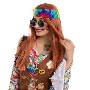 Déguisement <span class=keywords><strong>Hippie</strong></span> pour adulte 60/70/80s, 7 pièces, ensemble d'accessoires, perruques de carnaval - Product Image 2
