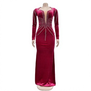 Vestidos de Fiesta Elegantes para Mujer, Corte Recto, Cintura Natural, Largos hasta el Suelo, Manga Larga, Cuello en V, Color Sólido, con Pedrería, para la Noche - Product Image 3