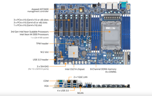 MU72 SU0 Single Socket Server <b>Motherboard</b> Enterprise LGA 4189 Intel C621A Chipset 16 DDR4 DIMM Slots PCIe 40 Dual 10GbE Ports - Product Image 2