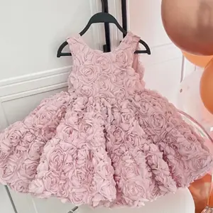 OEM Wholesale Girls Party Dress Rose Flower 3D Kids Clothing S02