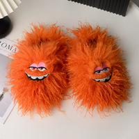 Pantoufles douillettes vertes pour femmes, motif monstre, en peluche longue et bouclée, avec visage de monstre de dessin animé mignon, à enfiler, chaudes, pour l'intérieur