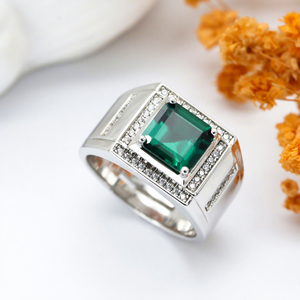 Rhodium Plated 925 Silver Classic Gemstone Rings Emerald Cut Emerald &amp; Cubic Zirconia Pave Setting Everyday Wear For Men - Product Image 3