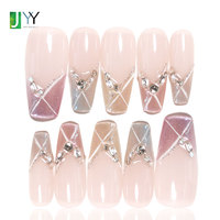 Faux ongles à presser en gel effet œil de chat French Manucure avec chaîne de perles de luxe, en acrylique magnétique velours, faits main 3D, vente en gros et en vrac
