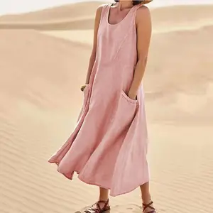 Wholesale OEM ODM 2024 New Summer Sleeveless Round Neck Solid Color Women's Cotton Hemp Dress