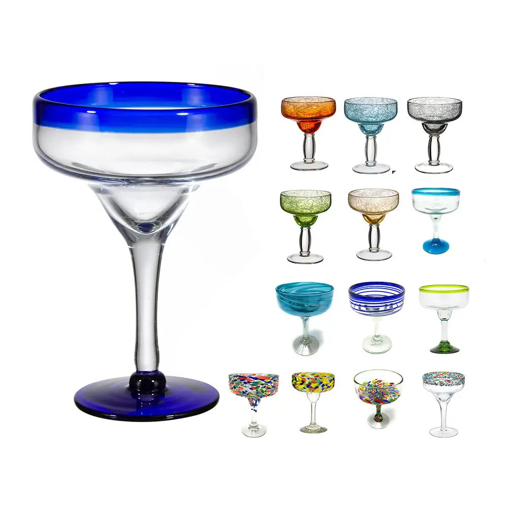 ヴィンテージカラフルなメキシカンブロー12オンスブルーリムガラス製品ガラスラウンドクーペカクテルマルガリータワイングラス、ブルーカラーリム付き