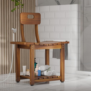 Solid Wood <b>Bathroom</b> Shower Chair With Backrest And <b>Storage</b> Shelf For Adults - Product Image 3