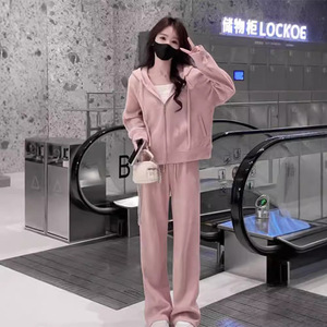 Women's Pink Casual <b>Tracksuit</b> Solid Color Lightweight Sweatshirt Two Piece Set Autumn Wear - Product Image 4