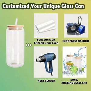 Mug en verre dépoli transparent pour sublimation, 16 oz, style canette de bière, avec couvercle en bambou et pailles, entrepôt US - Product Image 2