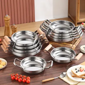 20/22/24/26/28cm New Design Double Ear Flat Bottom Pan Kitchen Seafood Cooking Thickened Stainless Steel Paella Pan