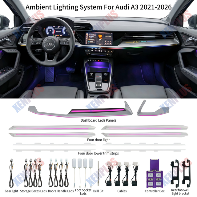 Xenplus New Wholesale LED 24 Light  RGB Laser Carving Interior Atmosphere Decorative Car Ambient Light for Audi A3 2021-2024