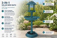 Bain d'oiseaux en résine sur piédestal avec lumière solaire de jardin, design antique, résistant à la rouille, bassin festonné en forme de feuille de lys, base remplissable robuste
