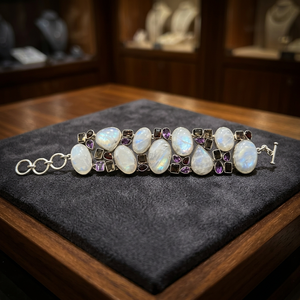Bracelet vintage en argent 925 avec perles et incrustations d'améthyste et de pierre de lune pour femme, idéal au quotidien - Product Image 2