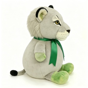 Chubby Gray <b>Bear</b> Plush Pillow with Green Ribbon and Feet Bow <b>Cute</b> Round Design Embroidered Stress Relief Toy - Product Image 1