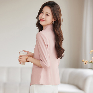 Light Blue Three Quarter Sleeve Blazer For Women Slim Fit Breathable Spring Summer 2025 Style Solid Color Polyester Fabric - Product Image 4