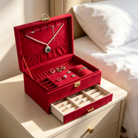 Grande boîte à bijoux carrée de luxe en velours avec serrure, étui de rangement multi-niveaux pour collier, bague, boucles d'oreilles, bracelet