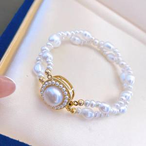 กำไลข้อมือสไตล์ฝรั่งเศสแบบย้อนยุค ประดับด้วยไข่มุกน้ำจืดธรรมชาติ 9-10 เม็ด ขนาด 3-6 มม.  เครื่องประดับฝังมุก 3-6 มม. - Product Image 4