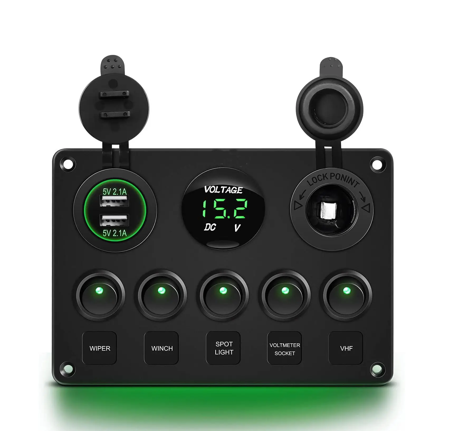 5 Gang Rocker Switch Vert Double Chargeur USB + Voltmètre Numérique + Panneau de Commutateur de Sortie 12V pour RVs Voitures Bateaux Camions Remorques