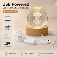 Lampe de table en cristal sculpté avec LED USB, méduse, lune, boule de cristal 3D, veilleuse avec base en bois