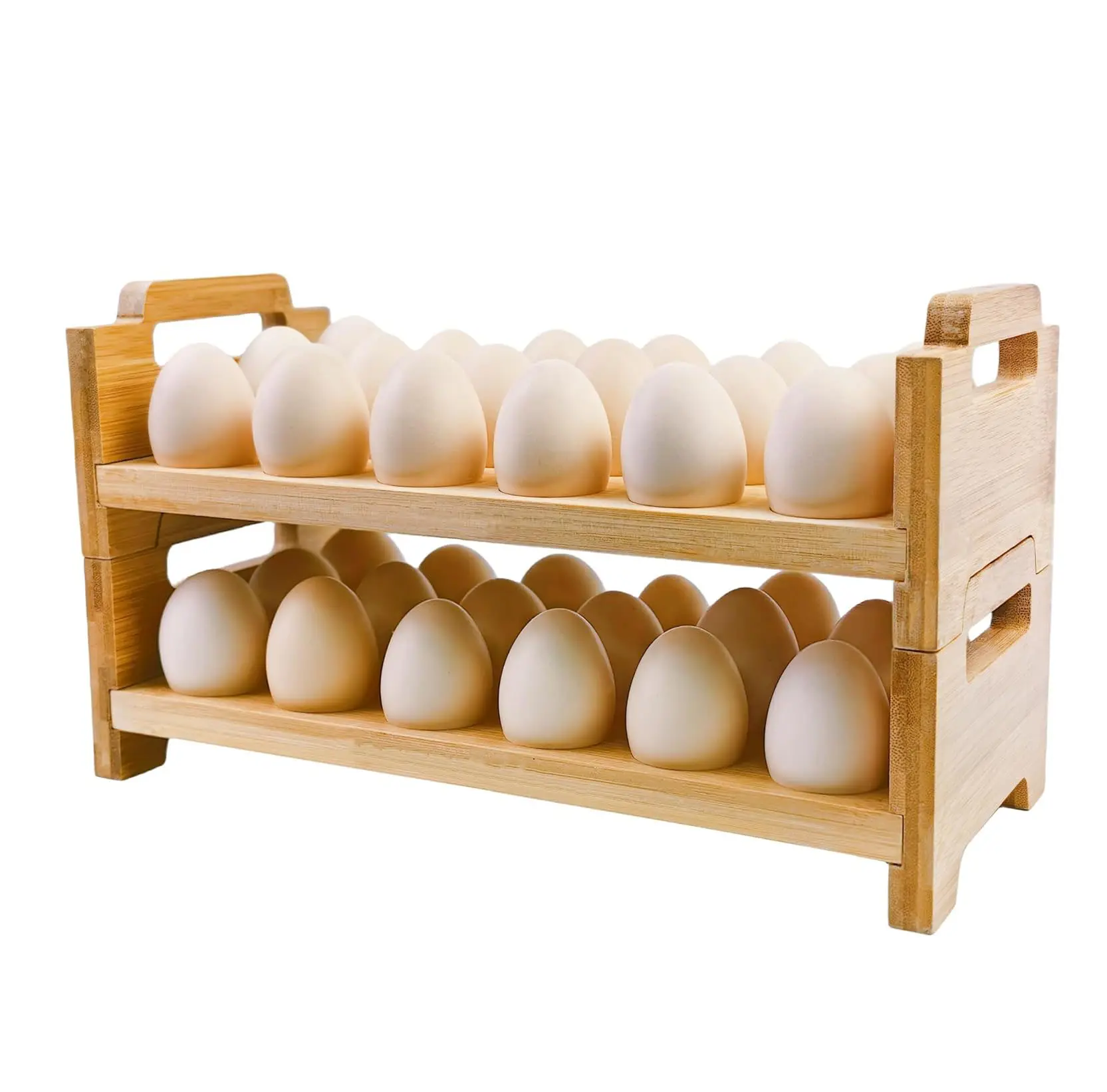 Stapelbares Design Bambus-Eierhalter Arbeitsplatte, Landwirtschaft frische Eier Organisator Auslage-Ständer mit Tragbarer Handgriff