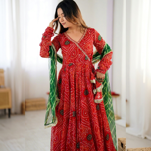 <b>Women</b> Red Bandhani Anarkali <b>Kurta</b> With Flared Sleeves And Green Dupatta - Product Image 1