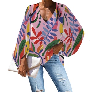 Vente en gros de tuniques de luxe col en V <span class=keywords><strong>grande</strong></span> <span class=keywords><strong>taille</strong></span> pour femmes, t-shirt ample avec impression de fleurs de soleil, chemises et chemisiers à manches longues pour femmes - Product Image 4
