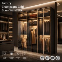 Armoire moderne en bois avec portes coulissantes en verre et étagères réglables, placard modulaire autoportant pour système de mobilier de chambre de villa