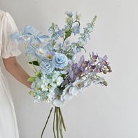 Bouquet de mariée artificiel bleu en gros, Phalaenopsis et Hortensia, fleurs en soie réalistes imprimées en 3D pour mariage, événement et décoration intérieure
