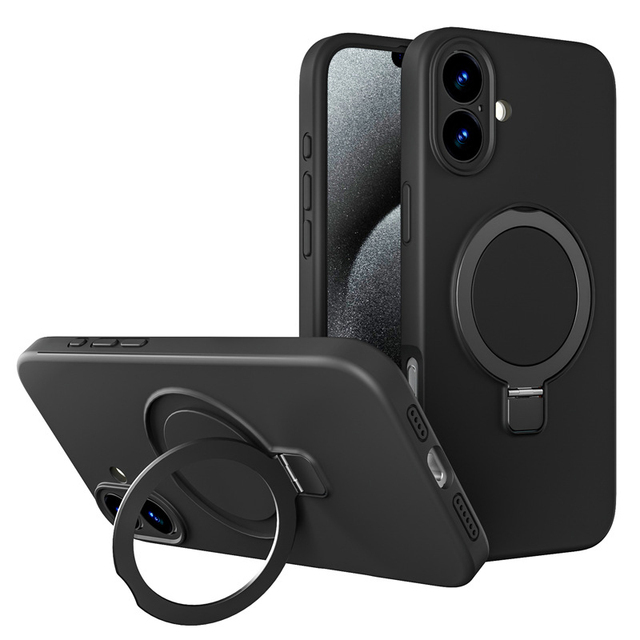 For iPhone 16 Phone case Liquid Silicone 16 Plus Magnetic 360 Degree Rotating Bracket Protective Cover Pro Max Shockproof