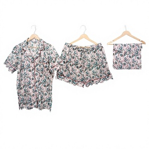 Conjunto de pijama de algodón con estampado floral para mujer, pantalones cortos con cuello vuelto y manga corta, cintura elástica, ropa de dormir informal de verano - Product Image 1