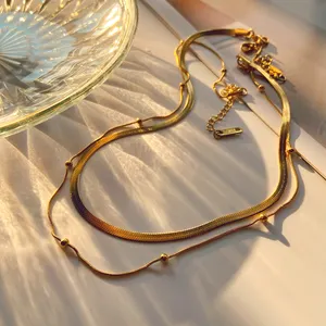J&D neue Edelstahl 14K vergoldete Kette doppelschichtige runde Perlen Halskette Mode Damenschmuck