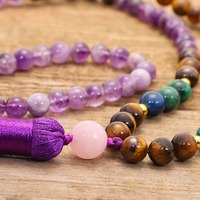 Collier de perles Mala 108 faites à la main en améthyste naturelle avec pendentif en alliage, ensemble collier et bracelet Chakra pour la prière, la méditation et le yoga