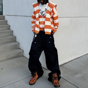 Felpa con Cappuccio da Uomo Arancione e <span class=keywords><strong>Bianca</strong></span> a Righe con Zip, Stampa Graffiti Stile Prigione, <span class=keywords><strong>Giacca</strong></span> <span class=keywords><strong>Oversize</strong></span> Streetwear - Product Image 6