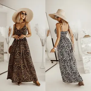 2023 Wholesale Fast Shipping Leopard Smocked High Low Sleeveless Midi Dresses Women