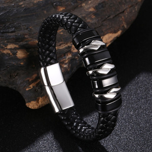 Venta al por mayor Popular de gama alta de los hombres de acero inoxidable titanio acero tejido pulsera de cuero estilo Europeo Americano inspirado budismo - Product Image 2