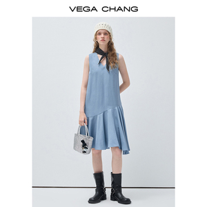 Robe d'été mi-longue décontractée VEGA CHANG <span class=keywords><strong>bleu</strong></span> clair sans manches à col en V et ourlet asymétrique à volants, respirante - Product Image 3