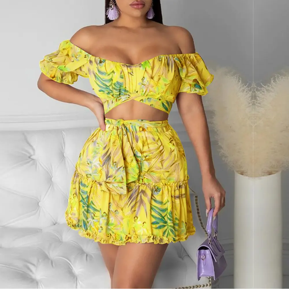 2021 Summer New Women Off Shoulder Floral Print Top & Skirt Set Ruffles Tied Vacation Casual Cute Clothing 2PCS Suit