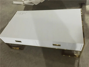 Services de conception personnalisés gratuits <span class=keywords><strong>Table</strong></span> basse moderne en MDF blanc et noir à finition brillante avec tiroirs Pieds en acier inoxydable <span class=keywords><strong>doré</strong></span> - Product Image 5