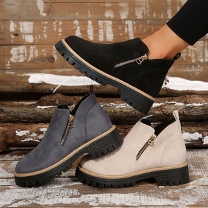 Botas Clásicas de Mujer con Plataforma, Cierre Lateral, Suela Gruesa, Punta Redonda, de Gamuza, Color Sólido, para Otoño e Invierno - Product Image 1