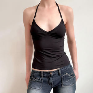 Haut d'été pour femme, style débardeur halter, court, sans manches, dos nu, en maille ajustée, sexy, écologique, respirant, avec logo personnalisé, pour soirée - Product Image 2