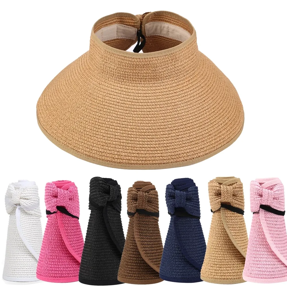 Summer Roll Up Sun Visors Hat for Women Wide Brim Straw Bowknot Women Beach Visor Hats With Bow