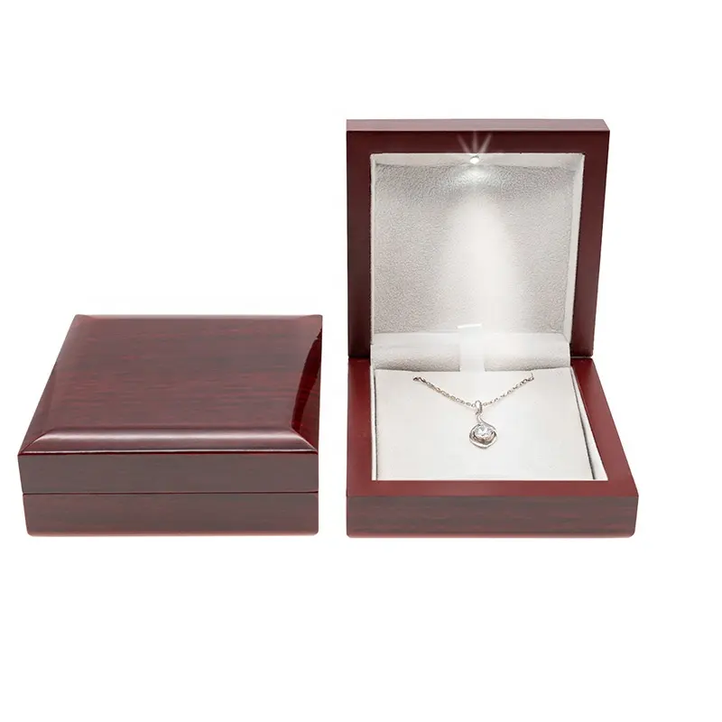 Wholesale Custom Wooden Necklace Ring Earrings Bracelet Display LED Light Wood Packaging Jewelry Box